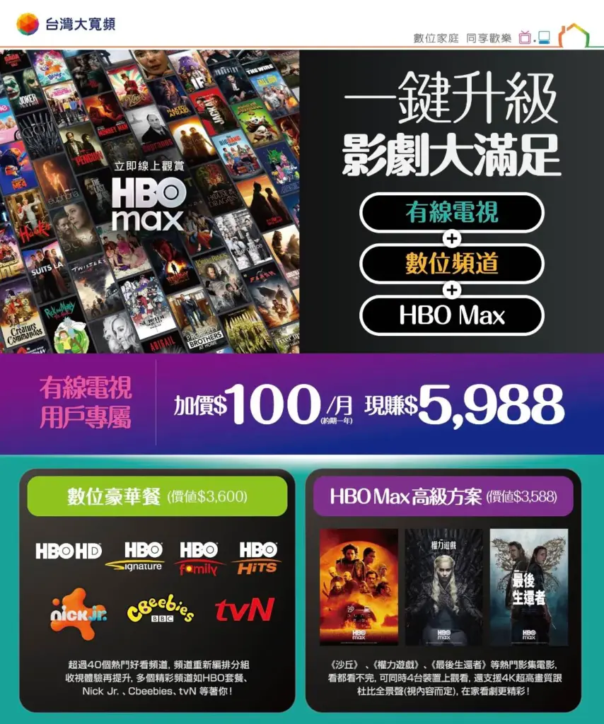 HBO max優惠新資訊!台灣大寬頻用戶享優惠,每月最低100元起
