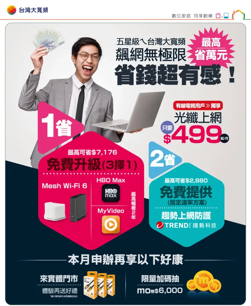 台灣大寬頻超狂網路優惠來襲!光纖上網月付$499起再享好禮