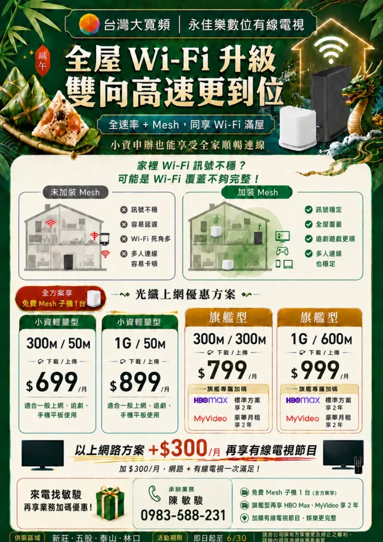 台灣大寬頻雙向對稱光纖網路優惠|Mesh Wi-Fi 全屋覆蓋,小資輕量 $699/月起